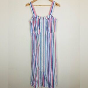 joules linen blend pastel stripe faux button front midi dress. Size 8